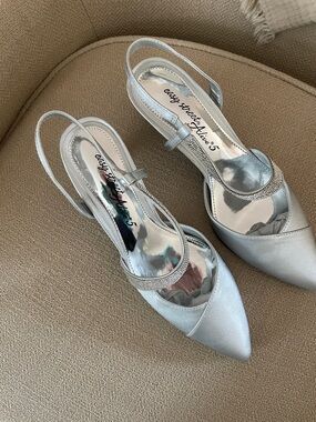 easy street Silver Pointed-Toe Slingback Heels with Rhinestone Strap
